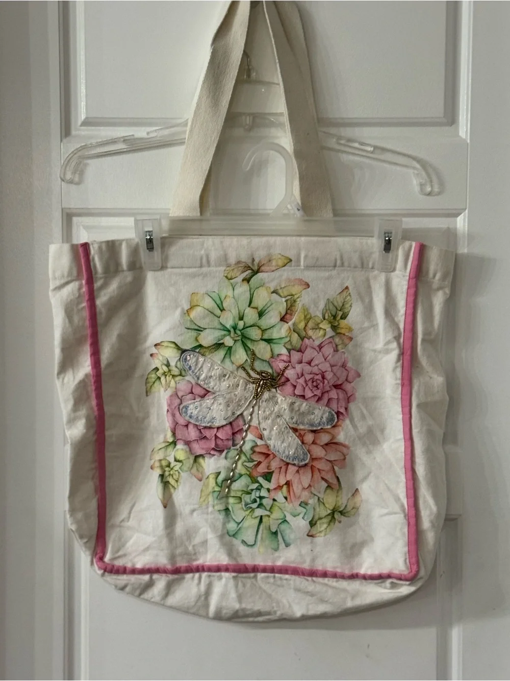 Canvas Floral Dragonfly Tote Bag - Pink Trim